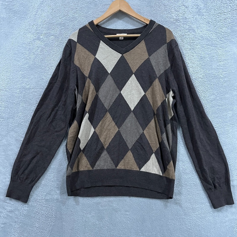 Merona Sweater Mens Large Multicolor Argyle Diamond Tight Knit V Neck Rib Cotton